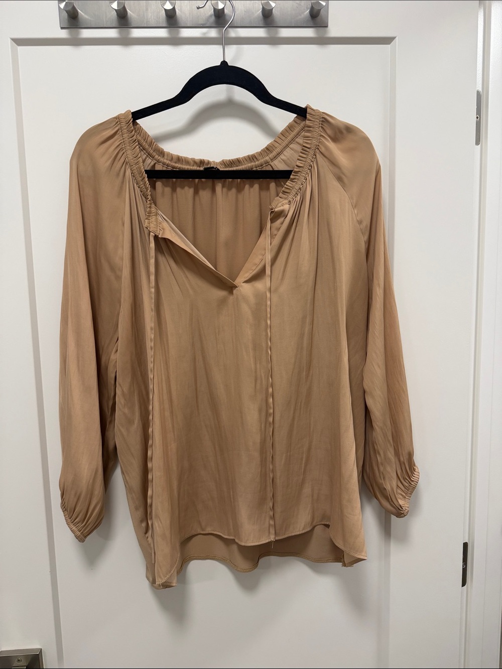 Ann Taylor Beige Tan Peasant Blouse with Tie Neck